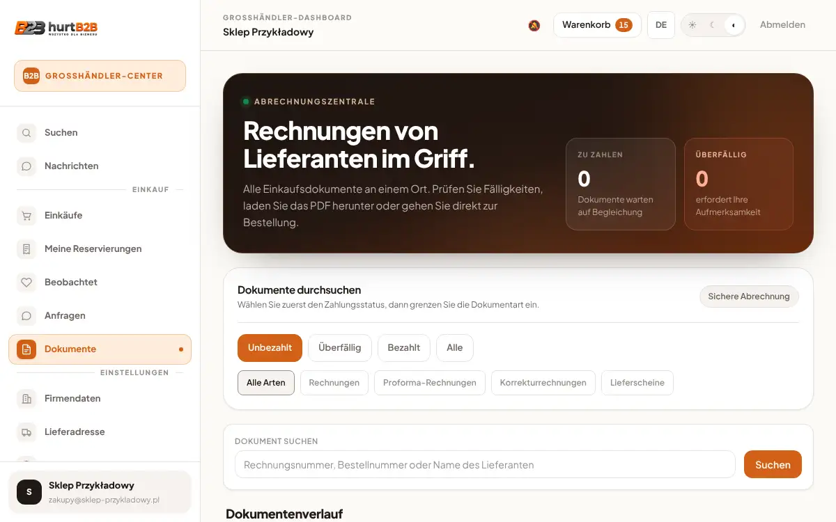 Bildschirm: Rechnungen und Dokumente von Großhändlern