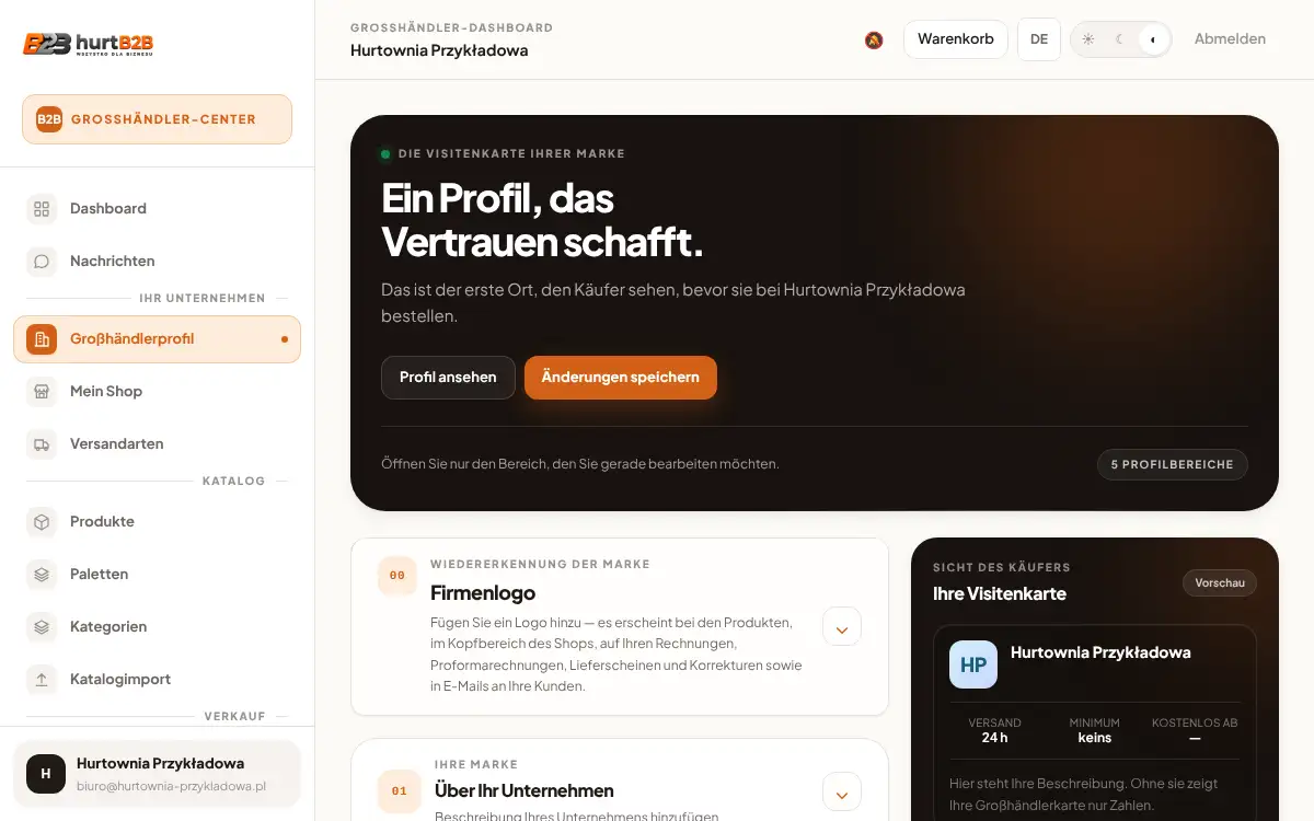 Bildschirm: Großhändlerprofil: Logo, Beschreibung und Kontakt