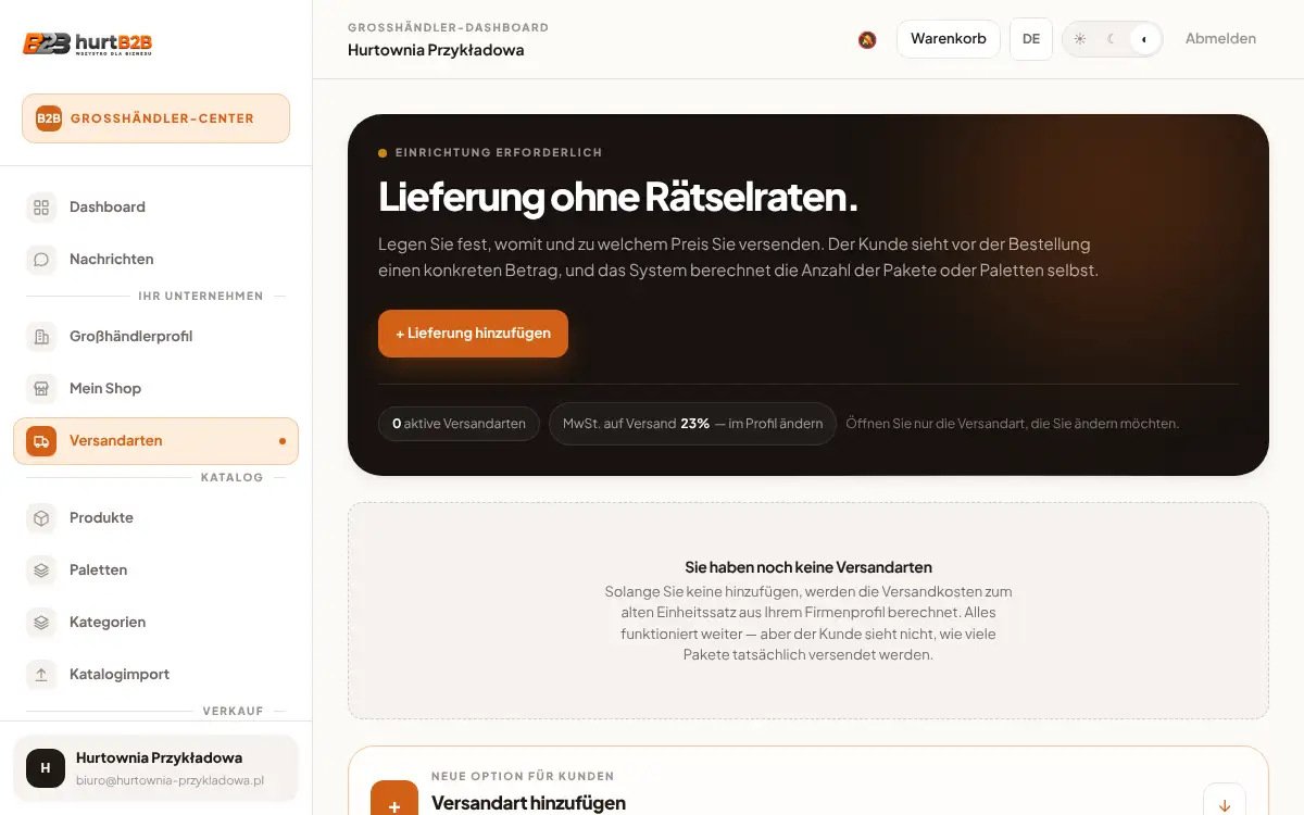 Bildschirm: Versandarten: Paket, Palette, Abholung